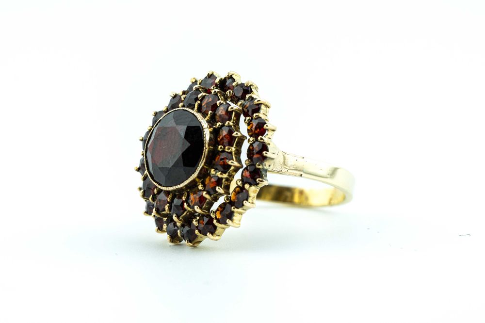 ZB544 imponujący złoty pierścionek z granatami jak z bajki pr 333 r15