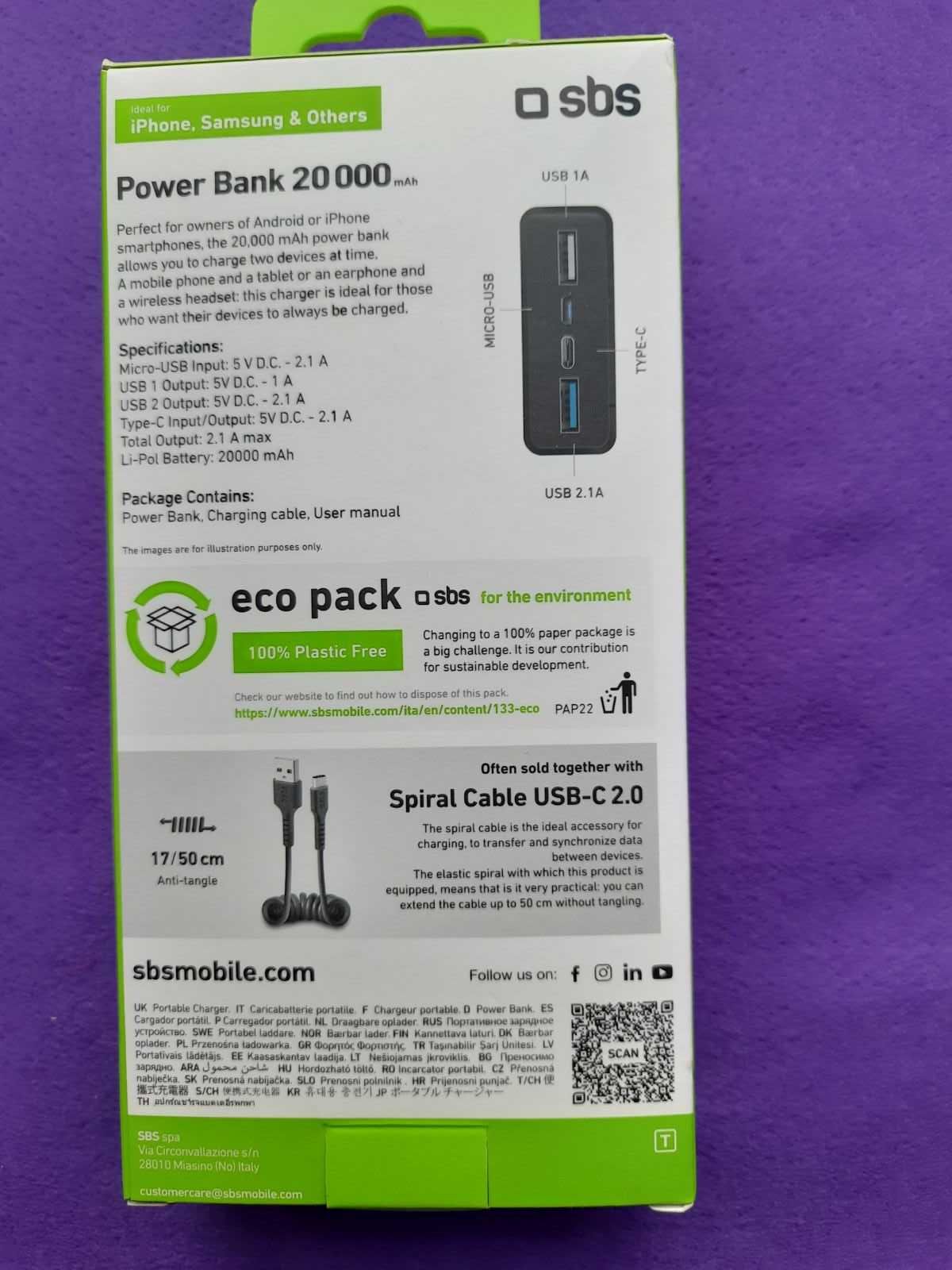 PowerBank SBS 20000mAh,Реальна ємність,Швидка зарядка 10W USB-A,Type-C