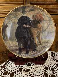 Elegancki Złocony Kolekcjonerski Talerz Porcelana Labrador Pies Obraz