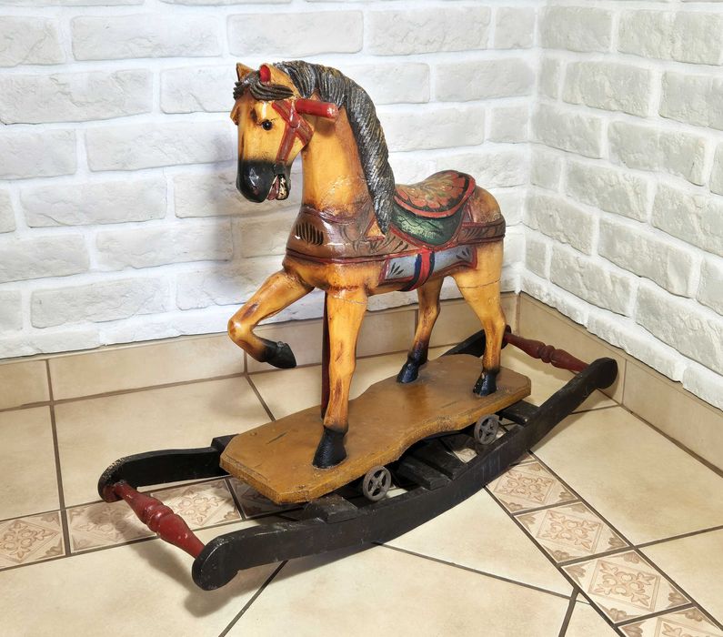 Stary drewniany Koń konik na biegunach ręcznie robiony vintage