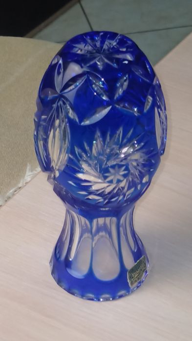 Wazon kryształowy niebieski wysokość 18 cm Huta Violetta. PRL.