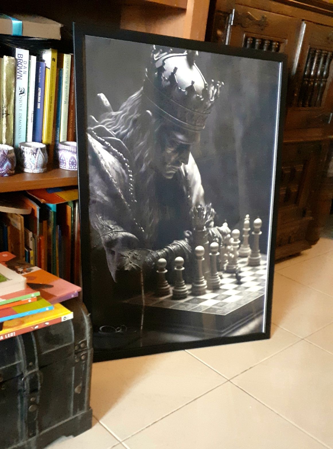 Quadro Impressão Medieval Rei Xadrez jogando o seu jogo 70cm Moldura