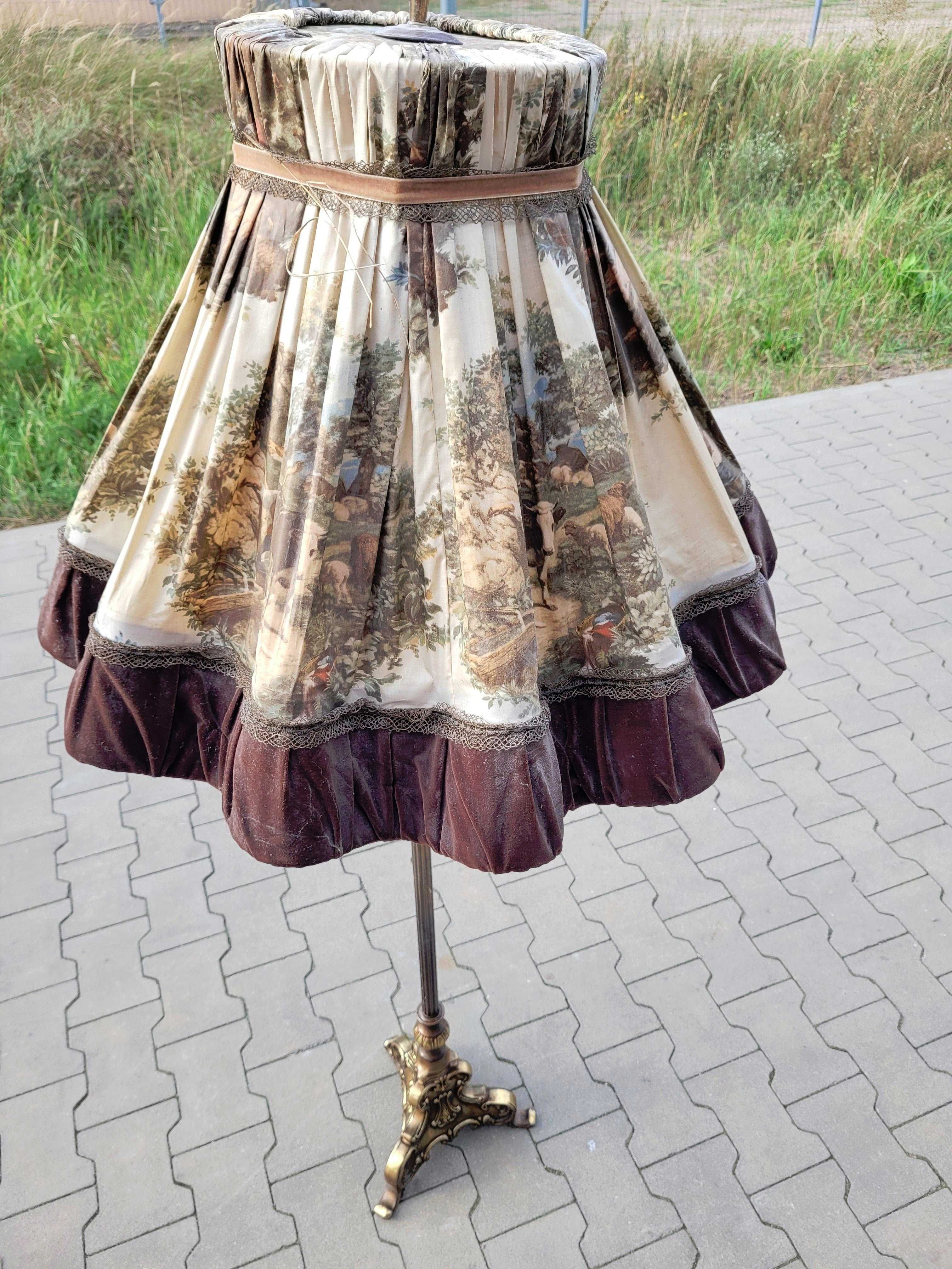 Lampa mosiężna z abażurem ręcznie szytym antyk 77x157 800 zl