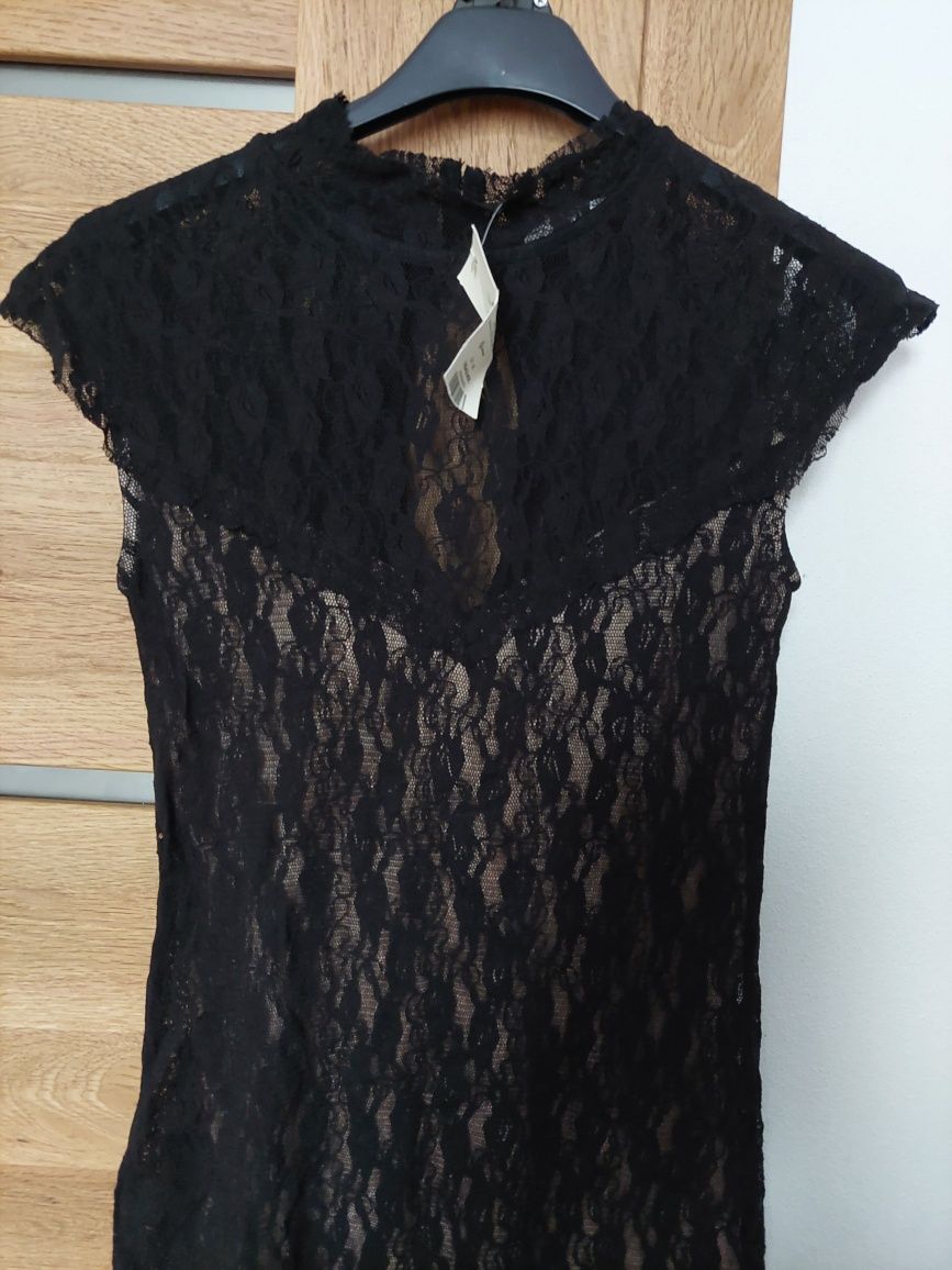 Czarno beżowa sukienka prosta koronkowa miss selfridge 36