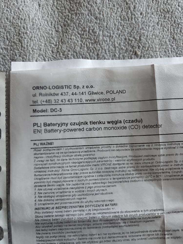 Czujnik czadu, tlenku węgla Virone DC-3