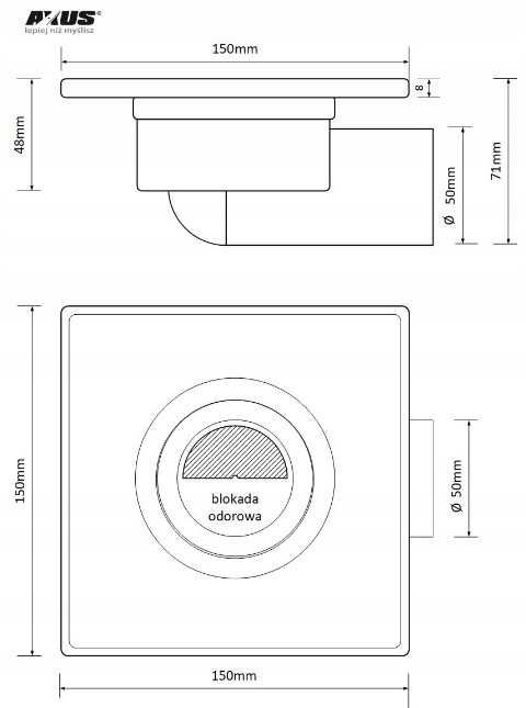 KRATKA ŚCIEKOWA Axus 15x15cm poziome odejście fi 50 mm - syfon NOWY