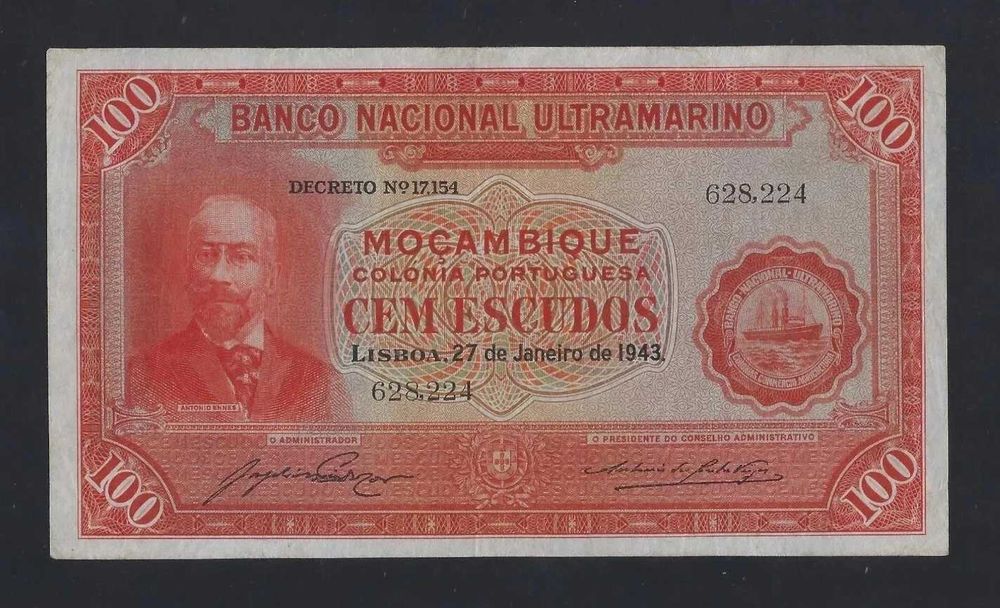 nota Moçambique 100 Escudos 1943 P-91 vf++