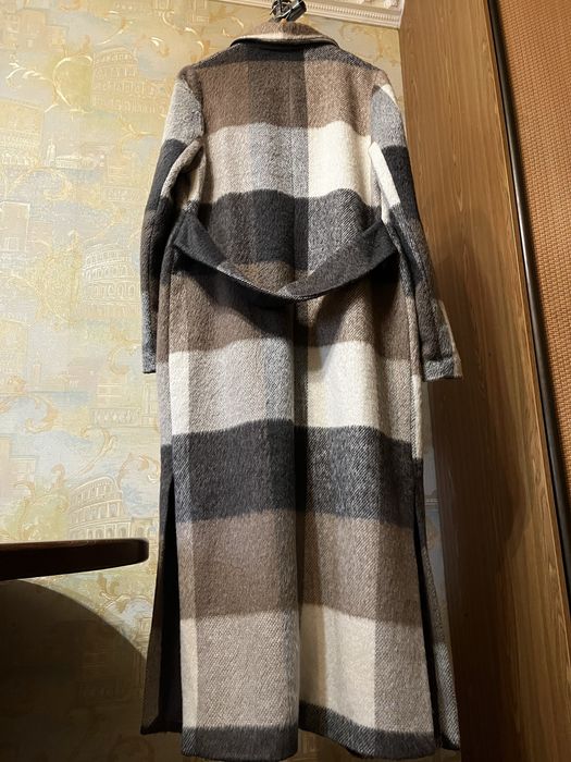 Женское кашемировое длинное пальто.Пальто в клетку.Песочное пальто
