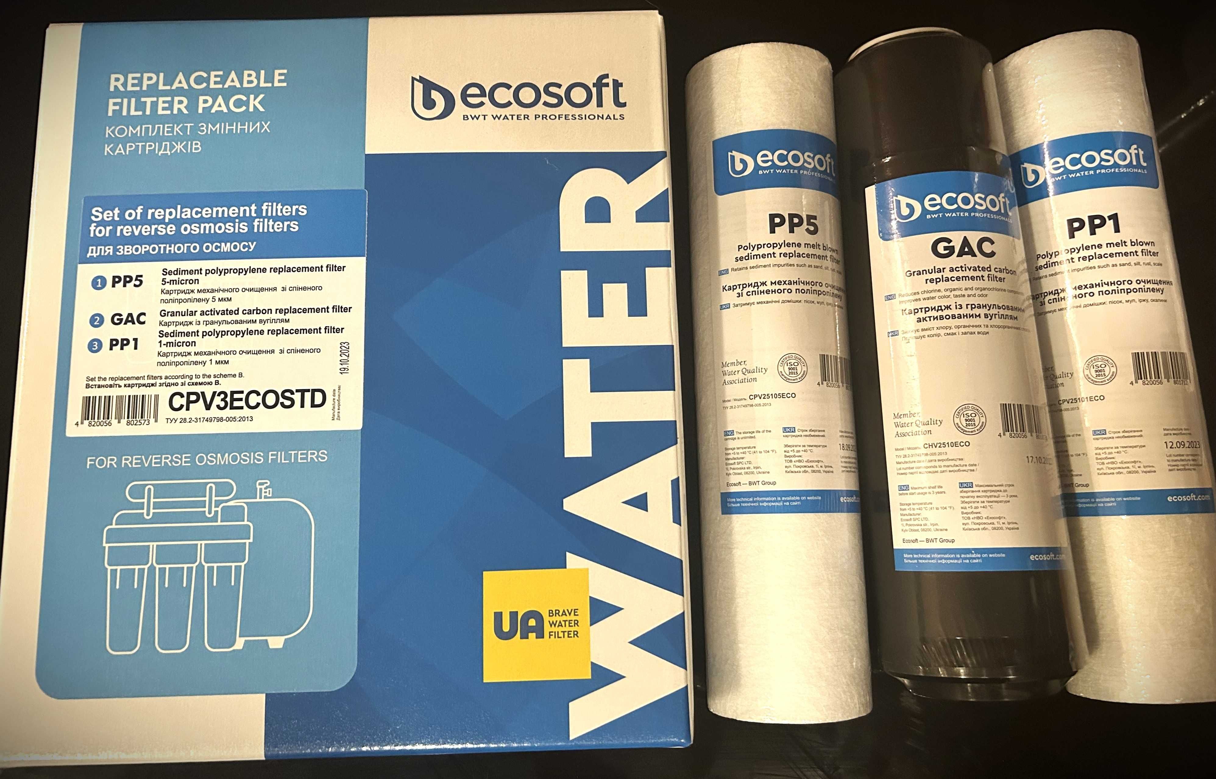 Стандарт.комплект 4-5 картриджів Ecosoft (без мембр) для зворот осмосу