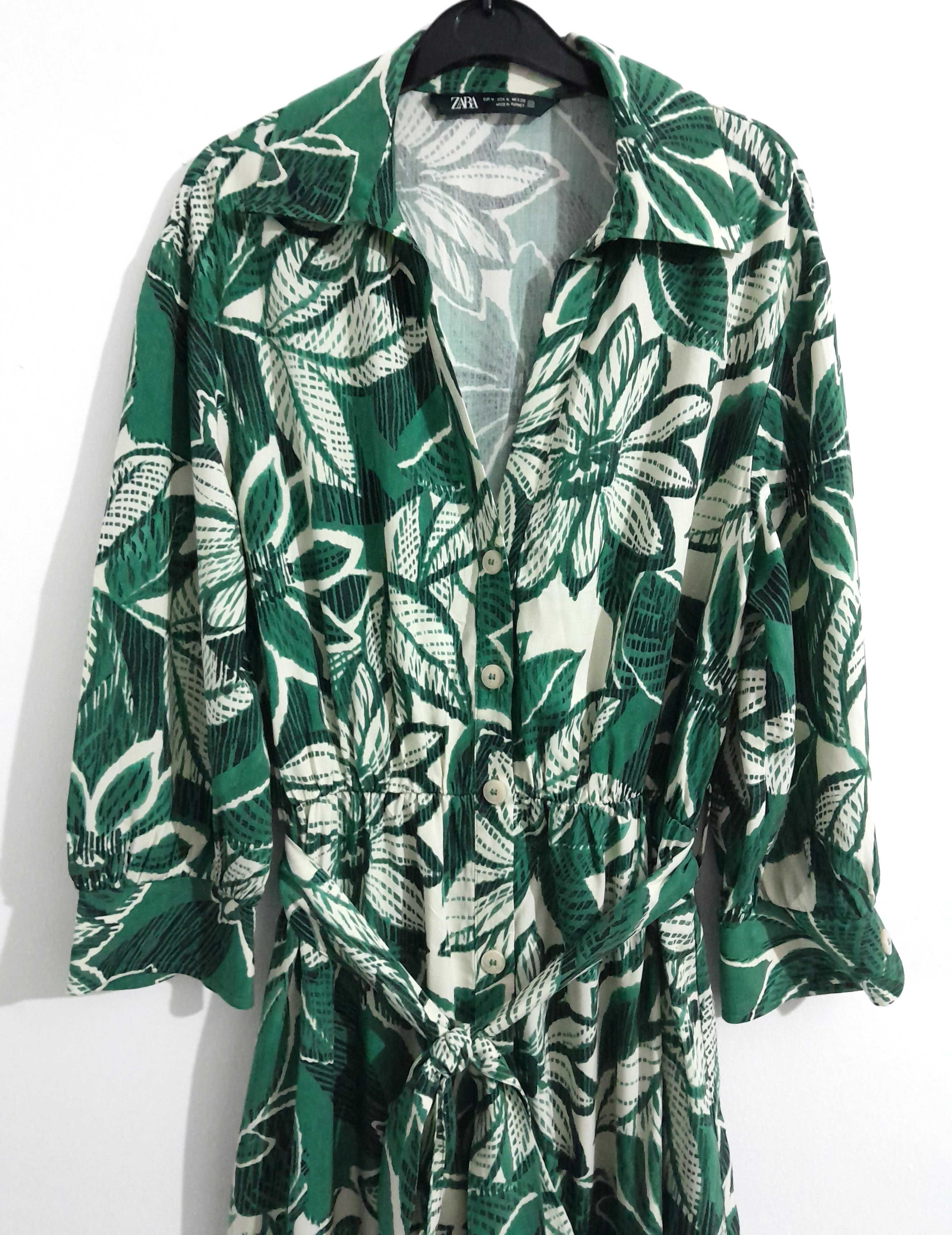 Vestido midi floral com cinto verde/branco da Zara T: M