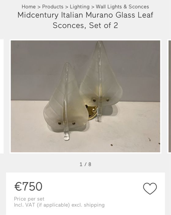 Kinkiet murano liść 1950 mosiądz szkło włoskie Włochy midcentury