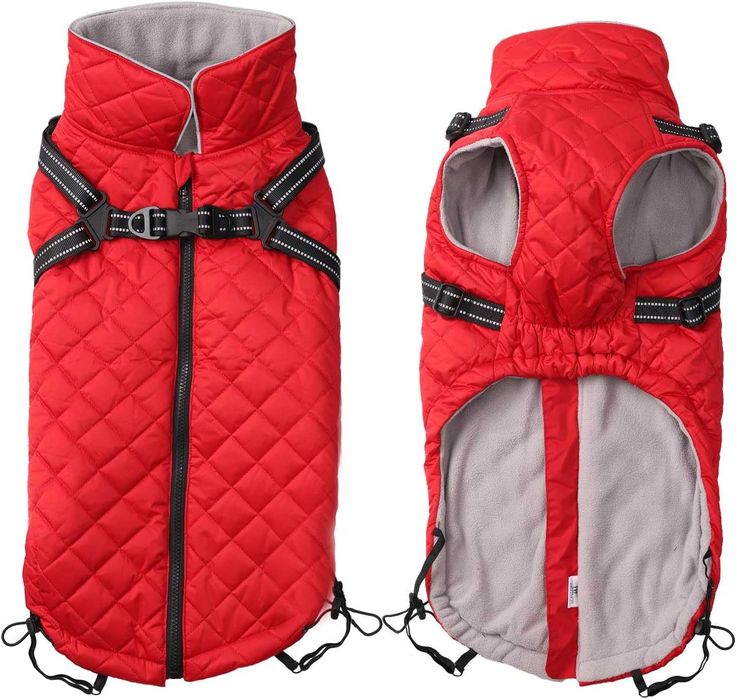 Geyecete Zimowy, wodoodporny płaszcz dla psa z szelkami czerwony L