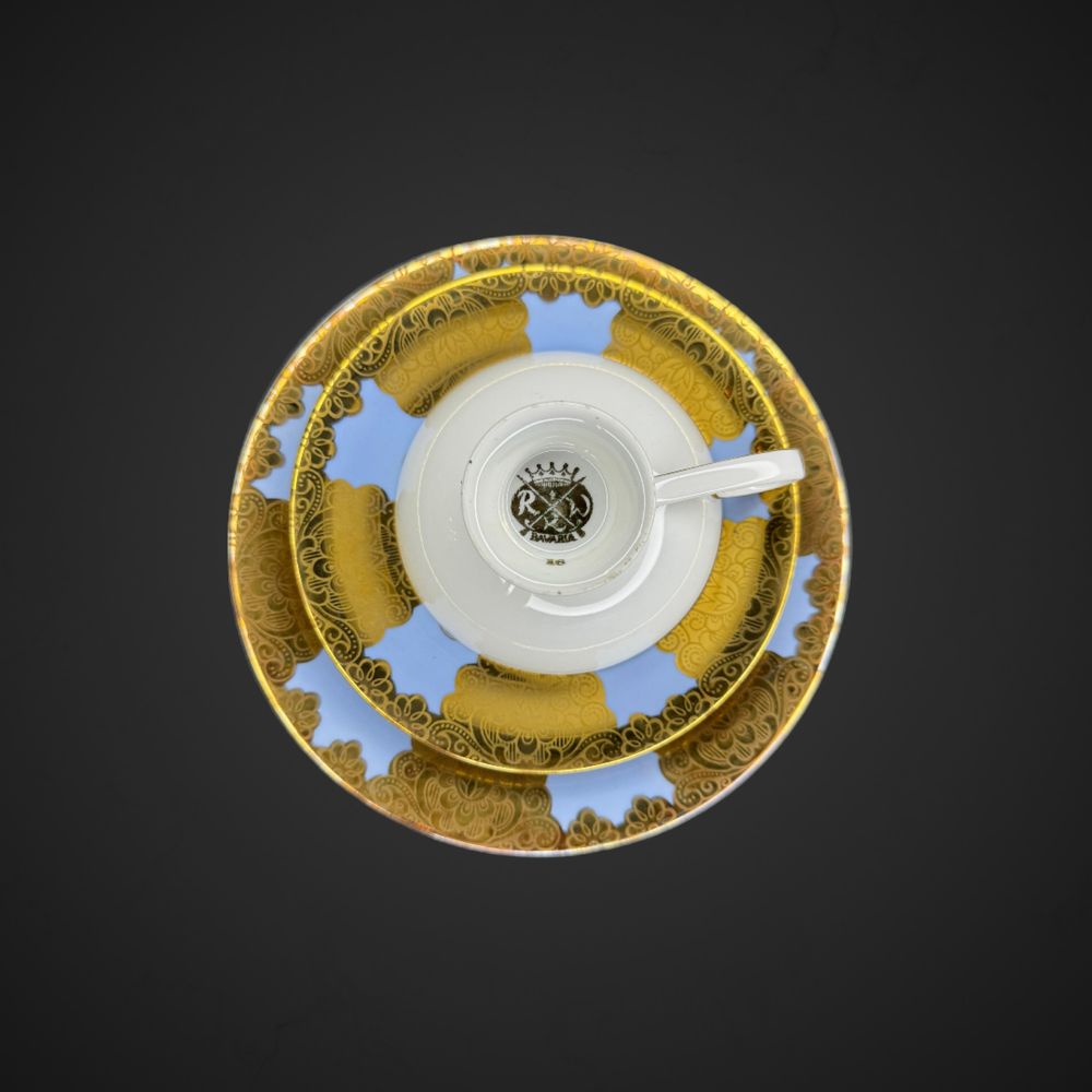 Porcelanowe trio bavaria bogato zdobione zlocenia niebieski B23127