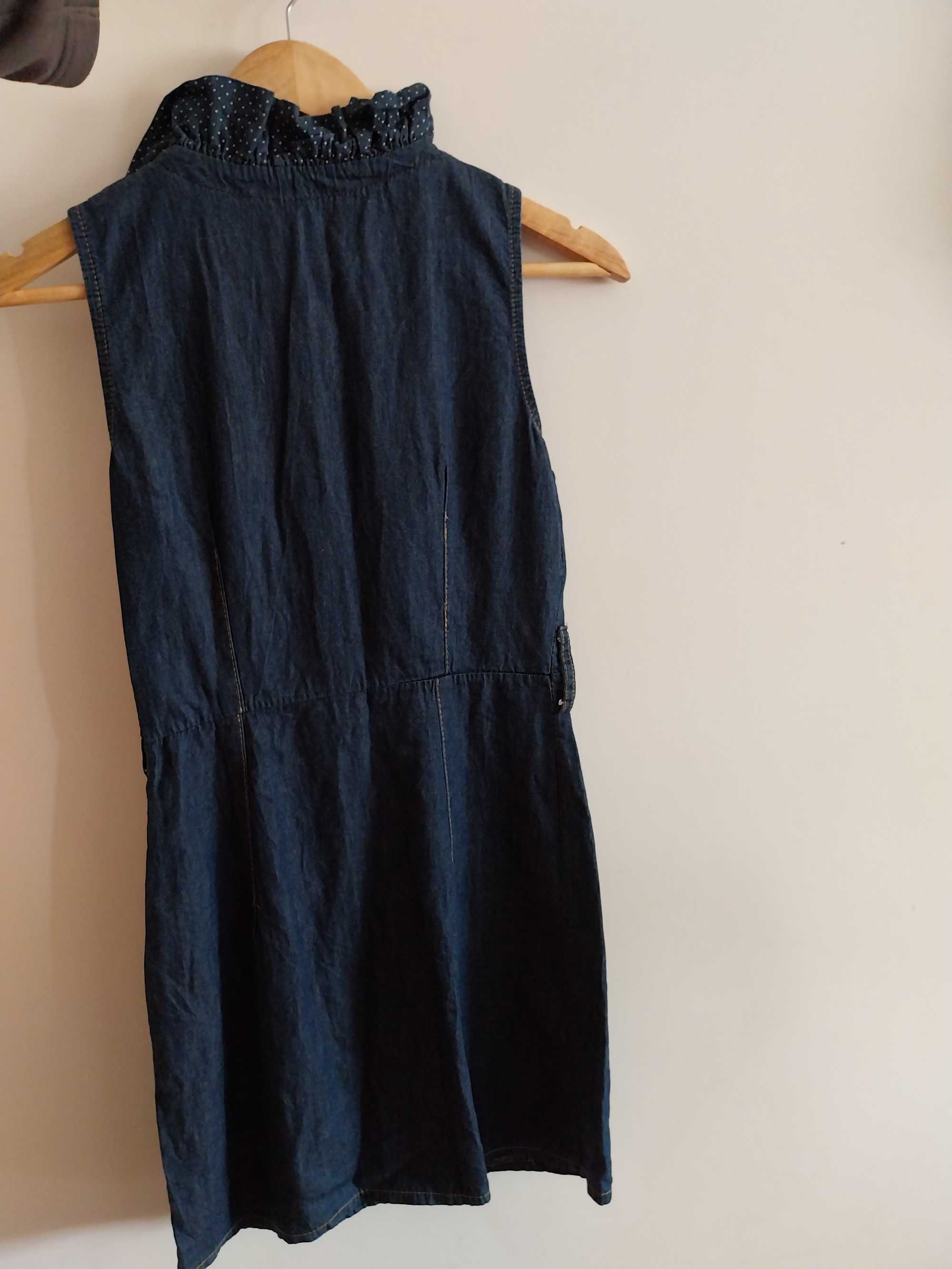 Vestido de ganga, com decote com folhos, 100% algodão, tamanho S/36