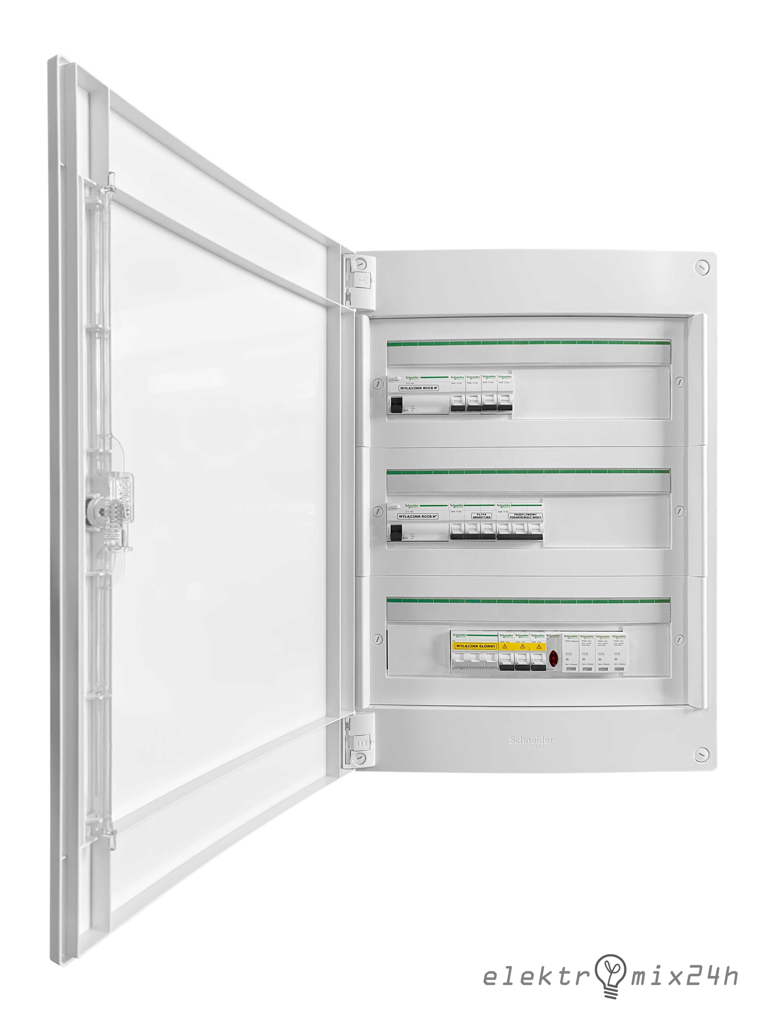 Rozdzielnica elektryczna natynkowa, wyposażona 3x18 modułów Schneider
