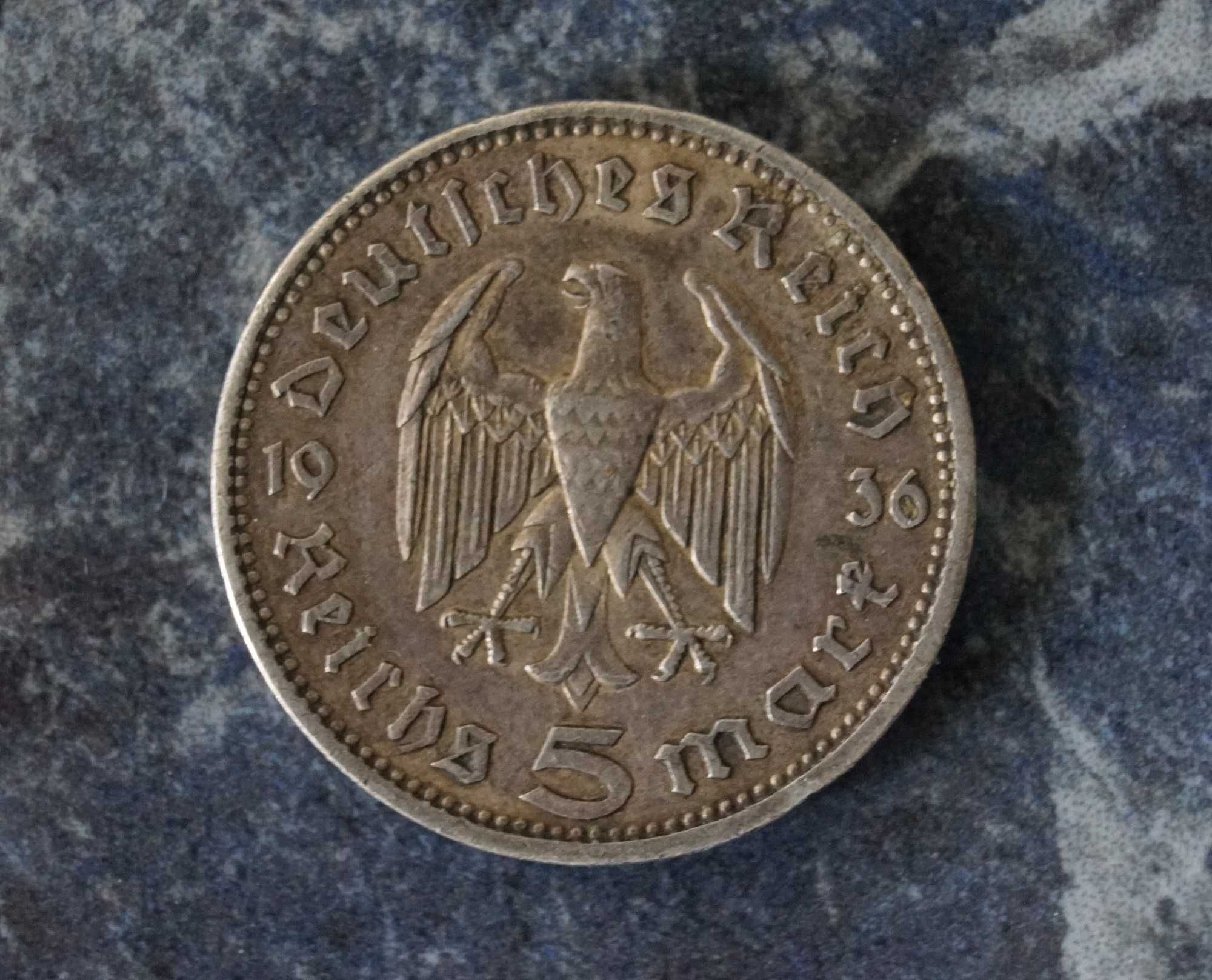 Srebrna moneta kolekcjonerska 5 marek niemieckich 1936 r.