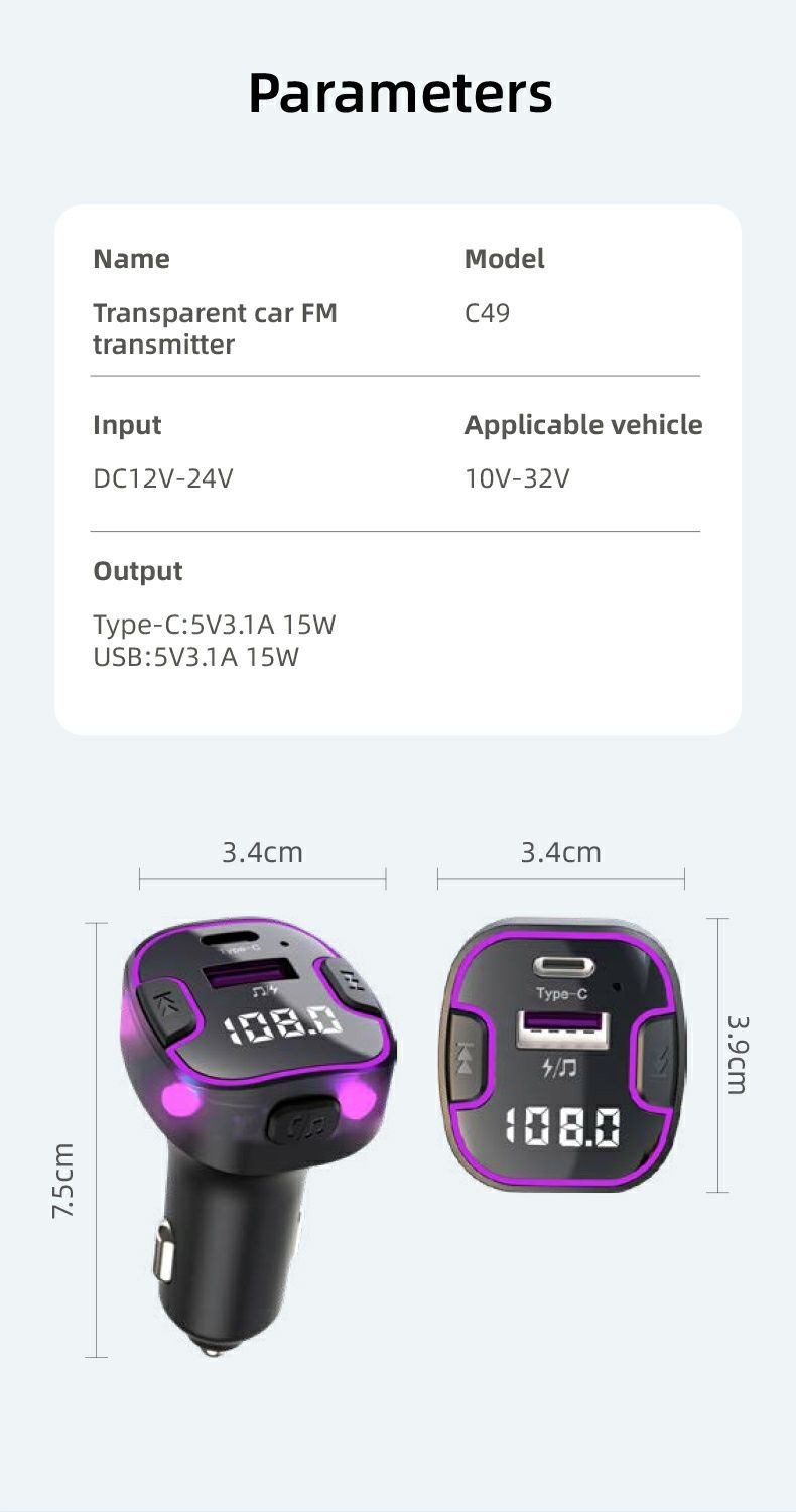 ФМ трансмітер FM модулятор C49 Bluetooth 5.3 USB Type C PD вольтаж АКБ