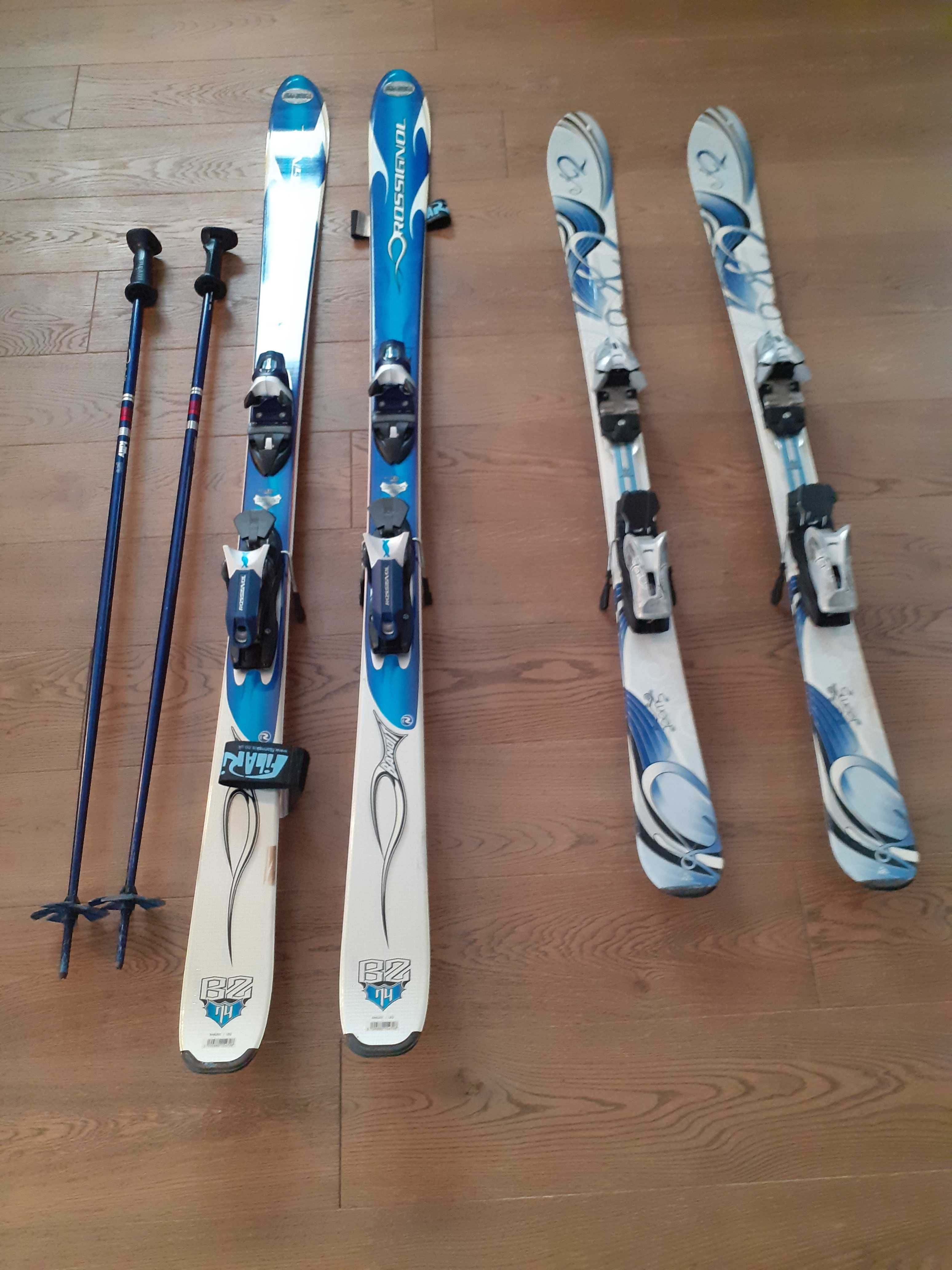 2 pary nart 142cm (K2) i 174cm (Rossignol Bandit B2), kijki, torba