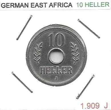 África do Leste Alemã - - - 10 Heller – 1909-J - - - Moeda