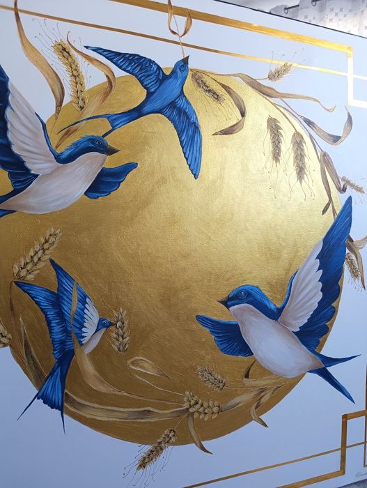 Obraz Jaskółki buszujące w zbożu 100x100 złoty niebieski