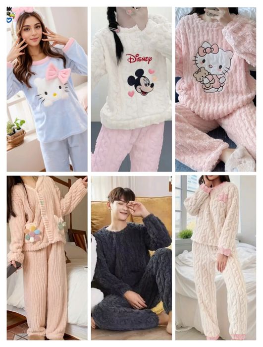 Новая зимняя пижама женская, мужская теплый костюм косичка Hello kitty