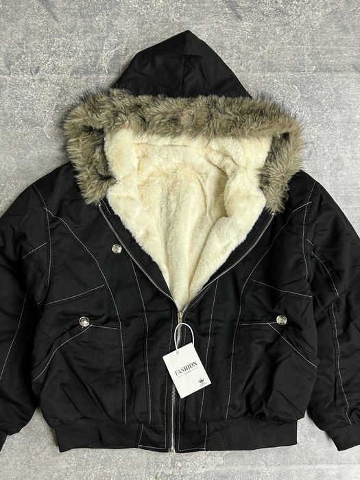 Бомбер Аляска куртка с мехом курточка черная на капишоне мех хутро M L