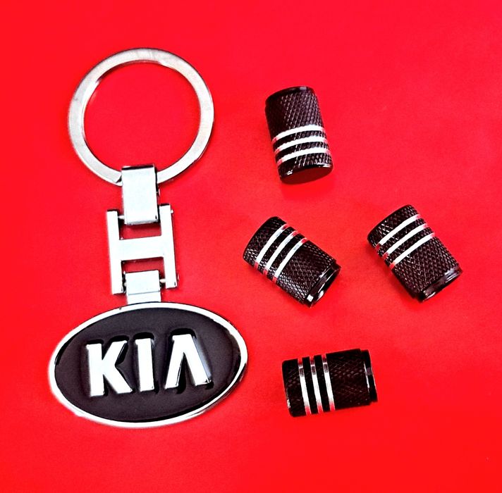 ** NOWY Breloczek KIA + Nakrętki na wentyle czarne komplet tuning