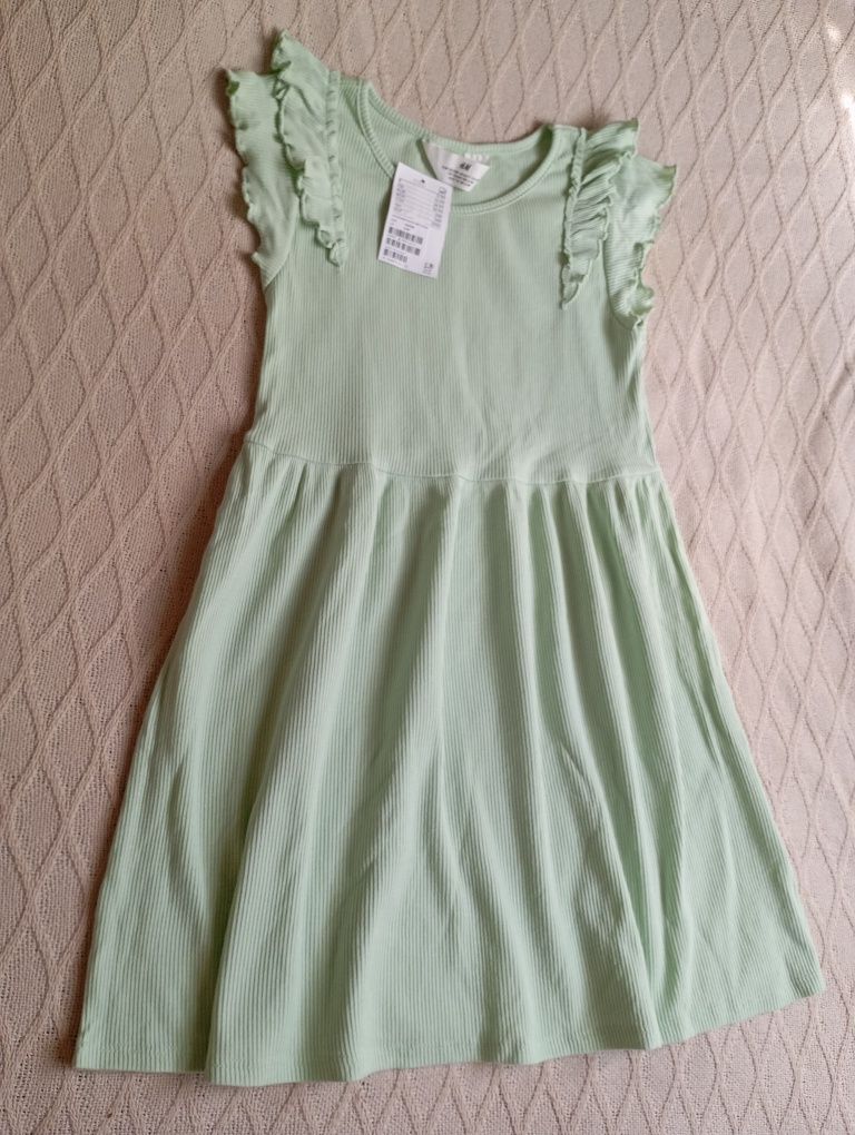 H&M 6-7L nowa miętowa prążkowana sukienka szałwiowa jasno zielona