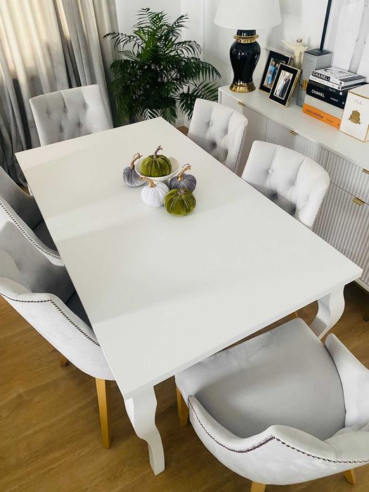 Zestaw Stół + 6 krzeseł Pikowanych Glamour+4  Hokery Glamour welur