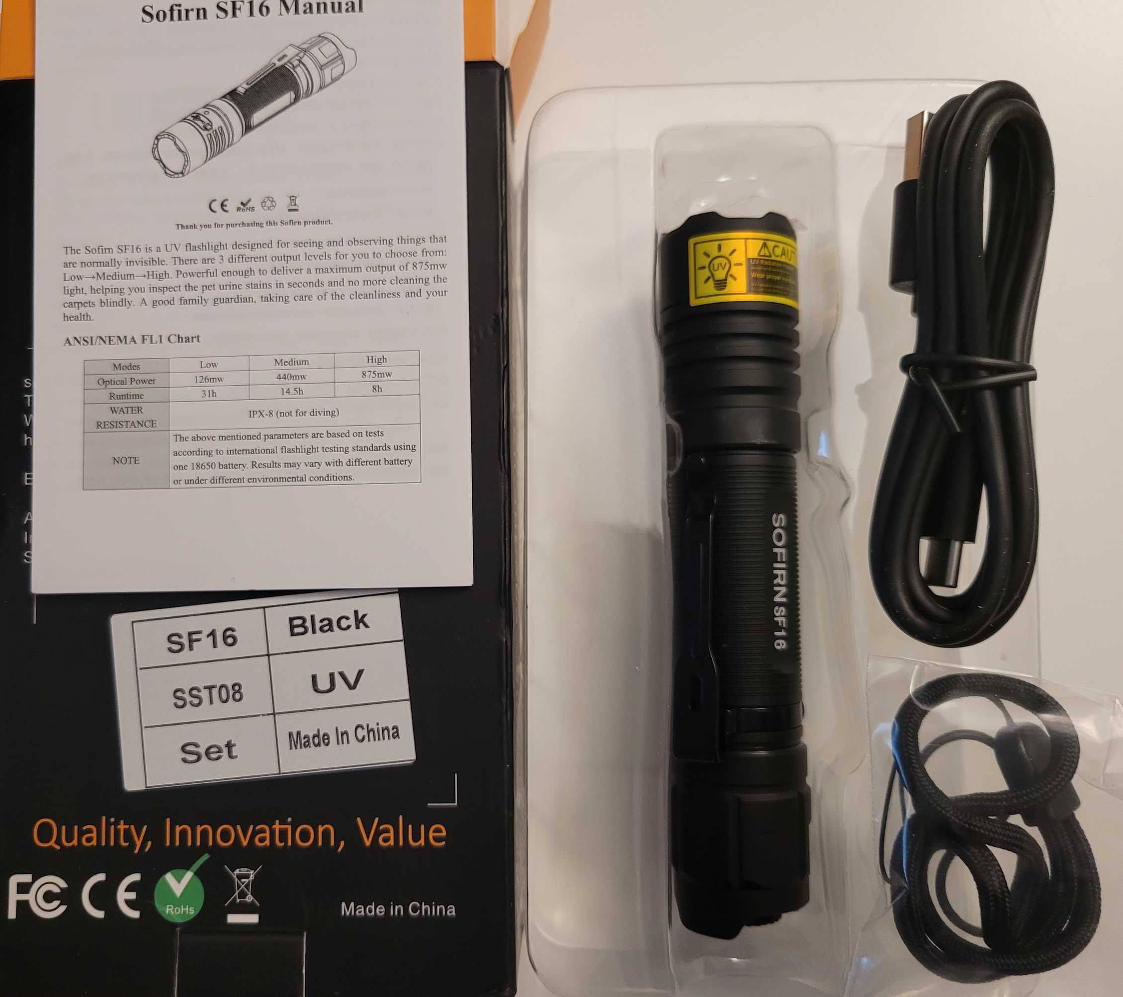 Latarka ultrafiolet Sofirn SF16 UV 360nm SST08 USB C+ akumulator