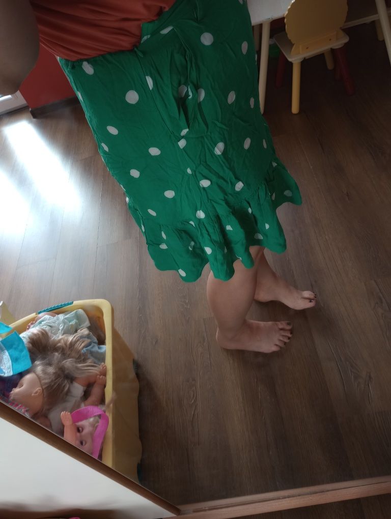 Bawełniana zielona spódnica w Białe kropki gumka w pasie h&m