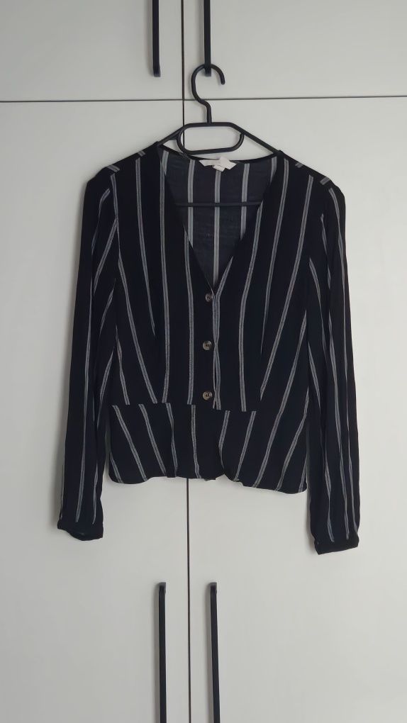 Czarna elegancka bluzka z długim rękawem w paski H&M 40/L
