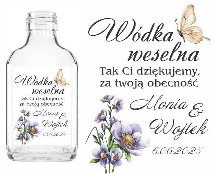 Buteleczka setka z naklejką WESELE ŚLUB na wódkę weselną 50 sztuk