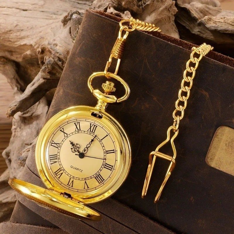 Kieszonkowy Zegarek Otwierany - Złoty Quartz na Łańcuszku - Rzymski