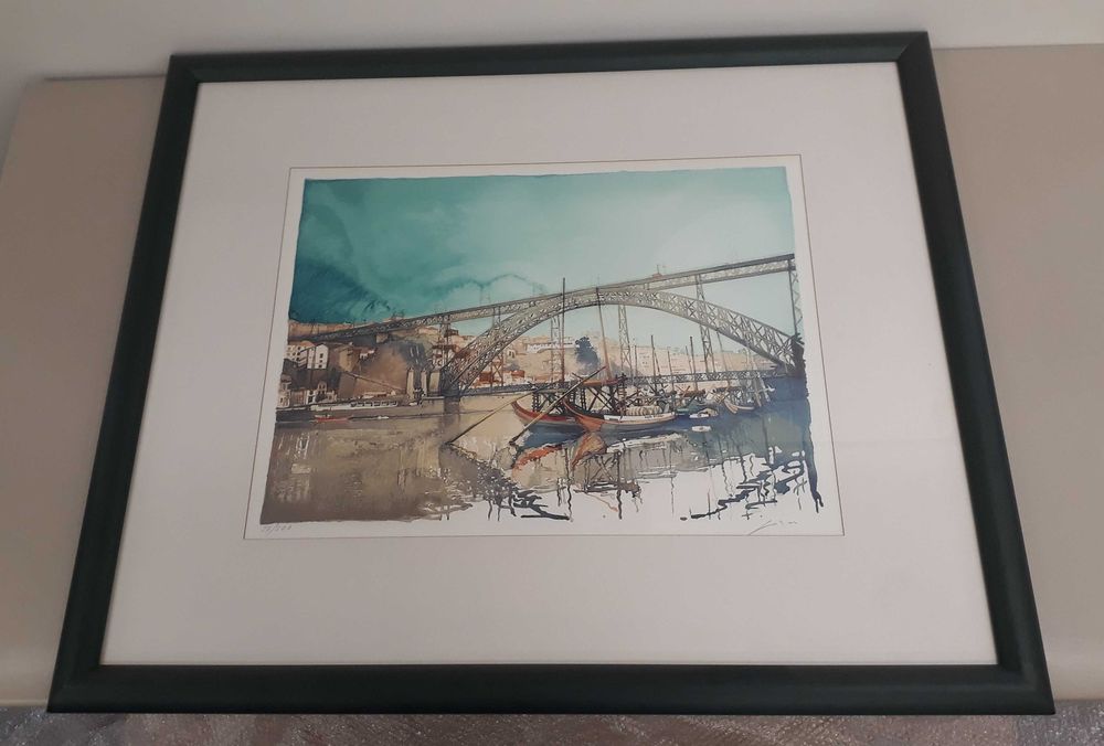 Serigrafia de Joaquim Canotilho emoldurada —ponte D. Luís I, rio Douro