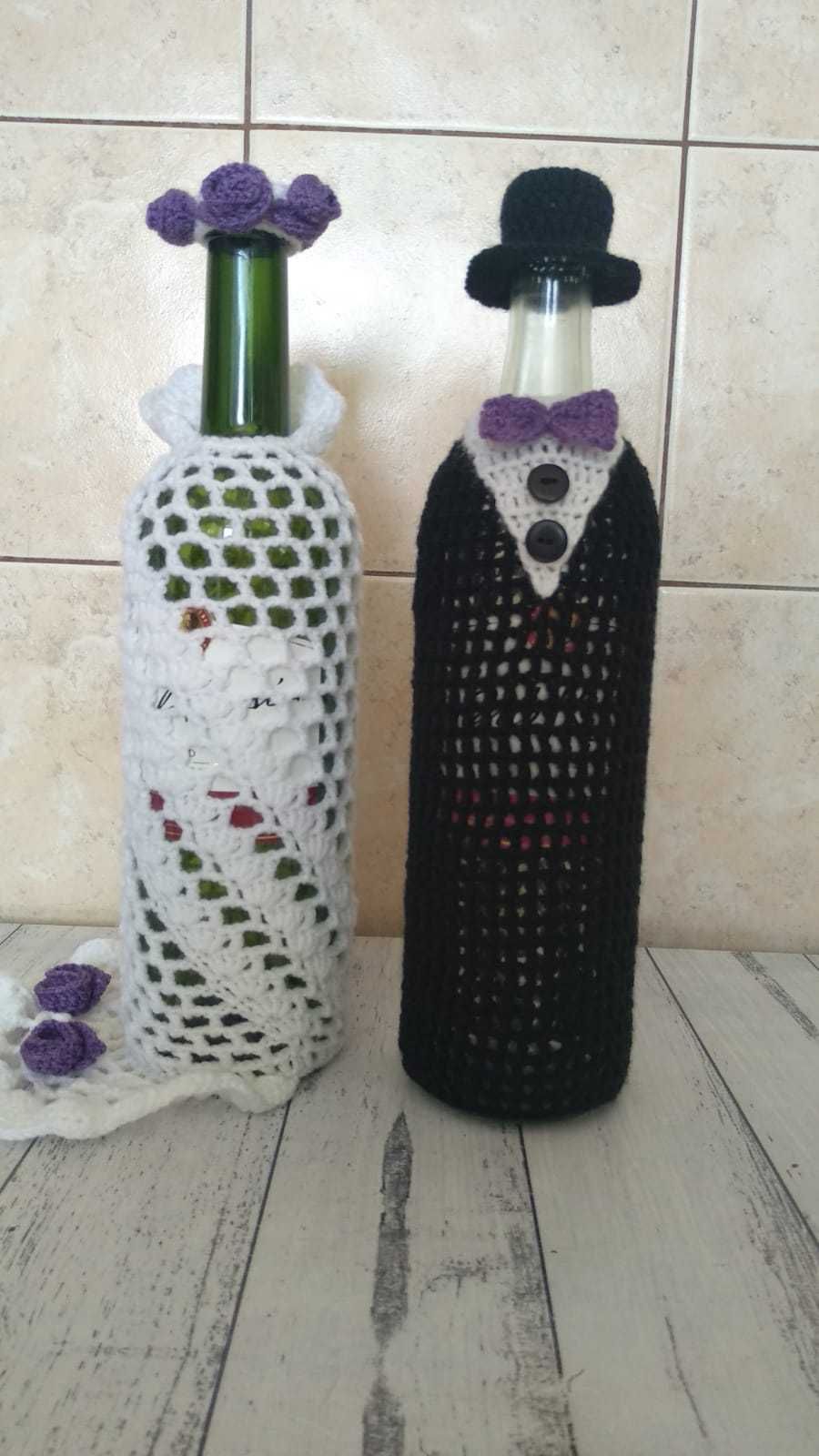 Komplet weselny z wełny na butelki od wina