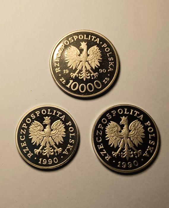 Zestaw 3 monet lustrzanek 50 zł. 100. zł. 10000 zł. Mennicze. Piękne.