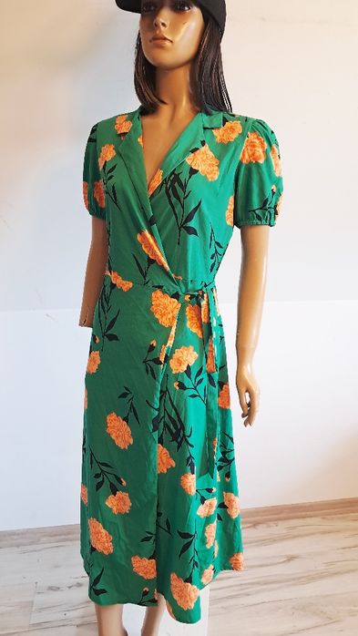 Sukienka zielona pomarańczowe kwiaty kopertowa