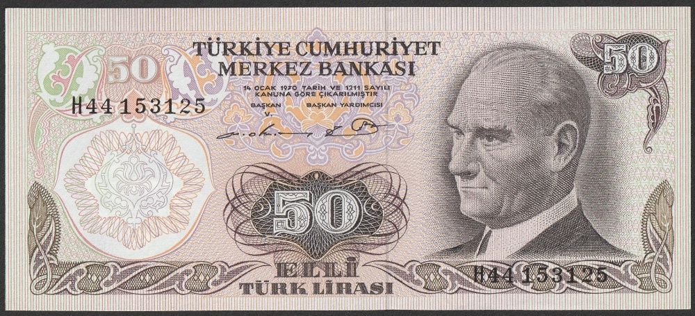 Turcja 50 lirasi 1970 - Ataturk - stan bankowy UNC