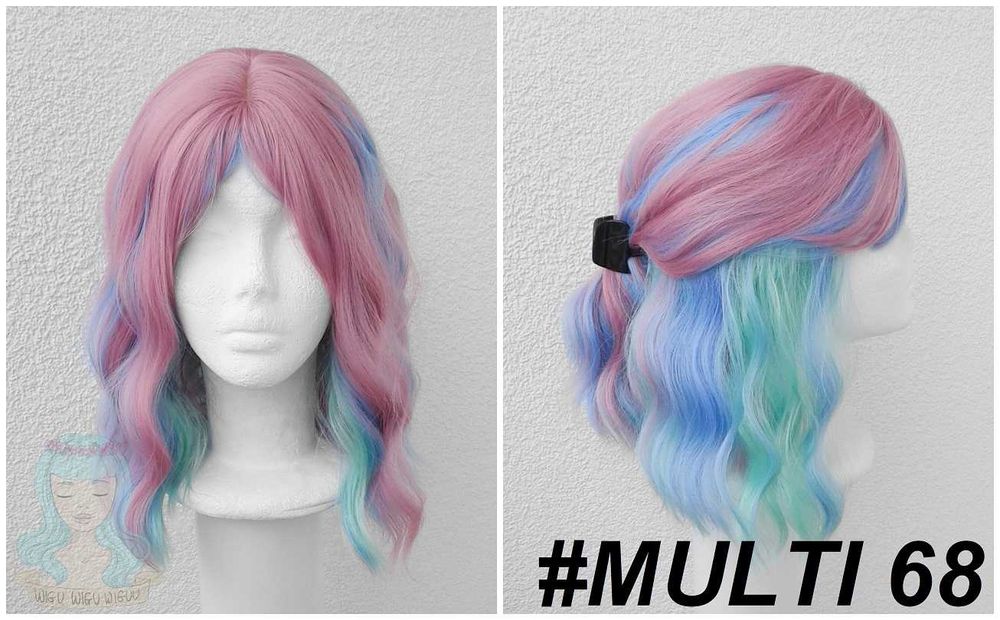 Kolorowa pastelowa peruka falowana krótka różowa błękitna cosplay wig