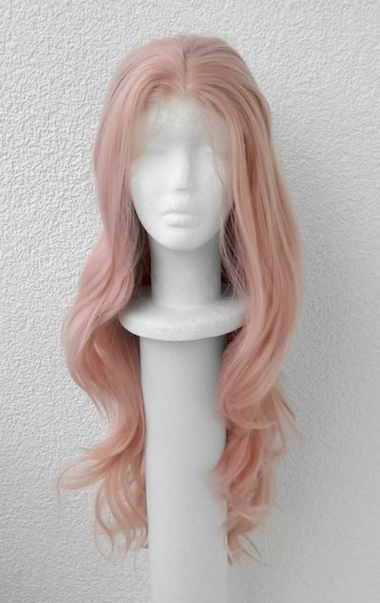 Lace Front brzoskwiniowa peruka wig cosplay falowana z przedziałkiem