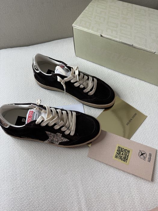 Жіночі кеди Golden Goose BALL STAR шоколадні, зірка з глітеру