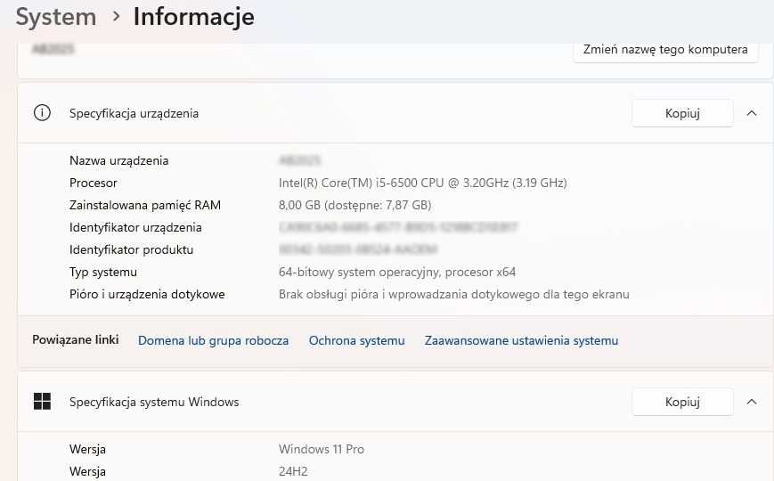 Komputer i5-6500 3.2 GHz x4 rdzenie, 8 GB DDR4, DYSK SSD 256 GB, WIN11
