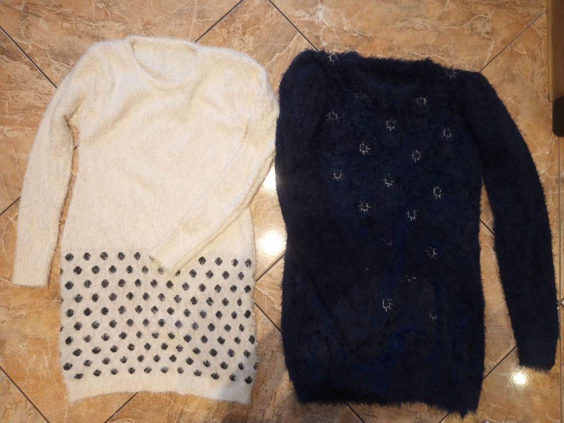 Wlochacz sweter XS/S dlugi kremowy czarne kropki tunika