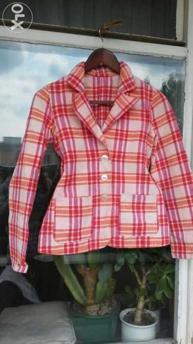 żakiet marynarka w kratkę Krata czerwień pomarańcz real vintage