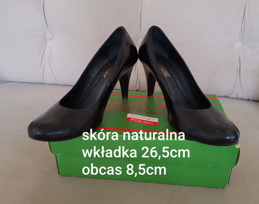 Buty na obcasie czółenka czarne skóra naturalna