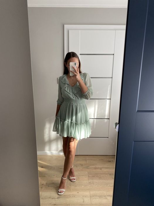 Miętowa elegancka krótka weselna sukienka w groszki House Brand (S)