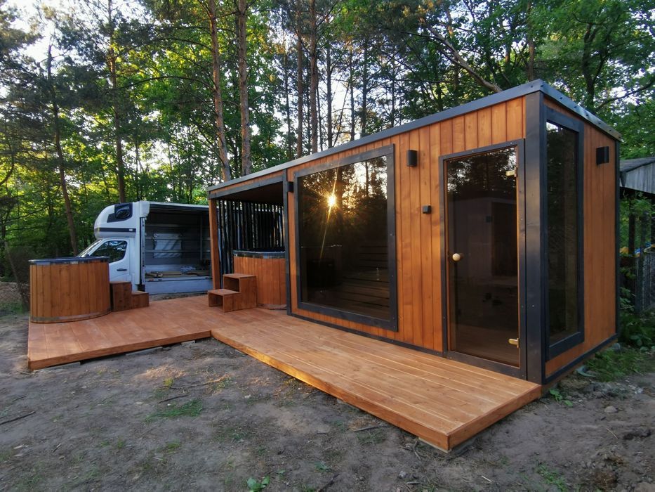 Sauna Ogrodowa Premium z tarasem,wiatą  6,5x2m Piec Sterownik Hit