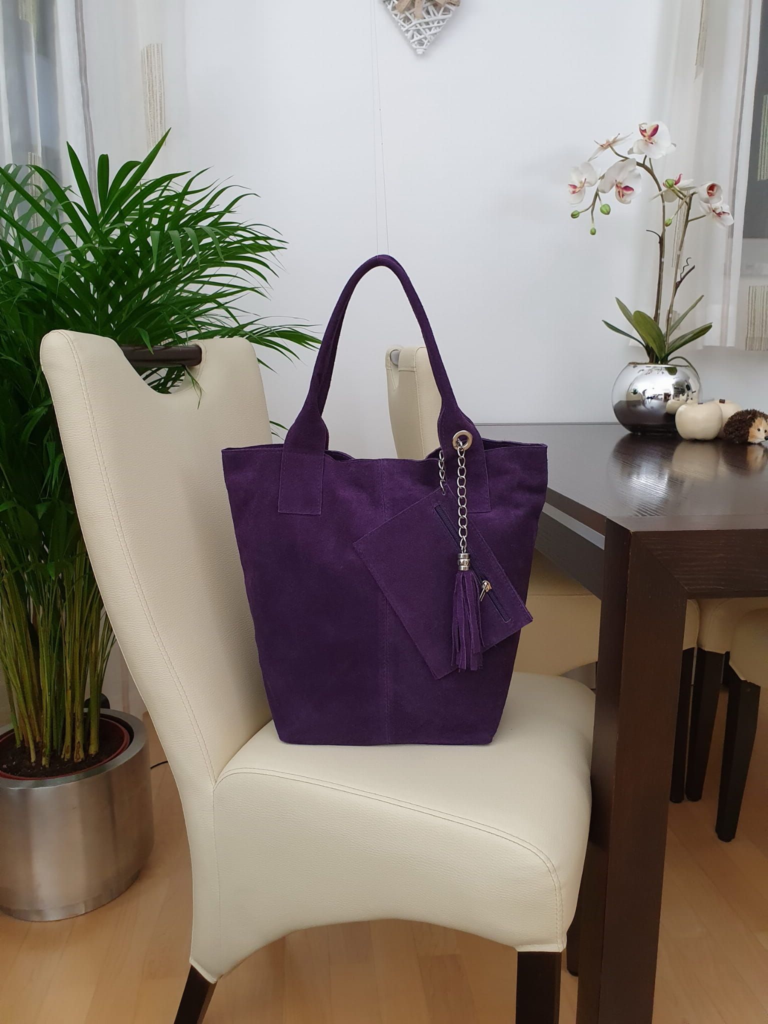 VERA PELLE torebka zamszowa worek shopper z saszetką V093 oliwkowa