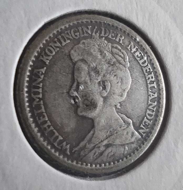 Moneta srebrna Holandia 25 centów cents 1918 rok ładna srebro ag